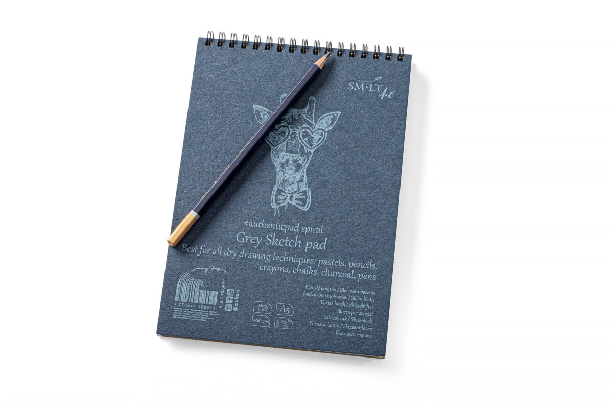 Spiral sketchbook Authentic A5, 180 gsm, 20 sheets, grey paper, Smiltainis